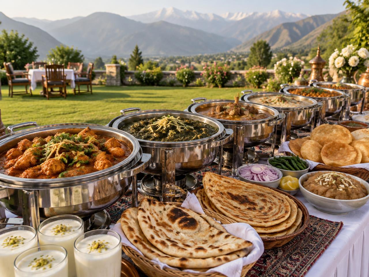 Desi buffet with karahi, saag, naan and lassi set outdoors