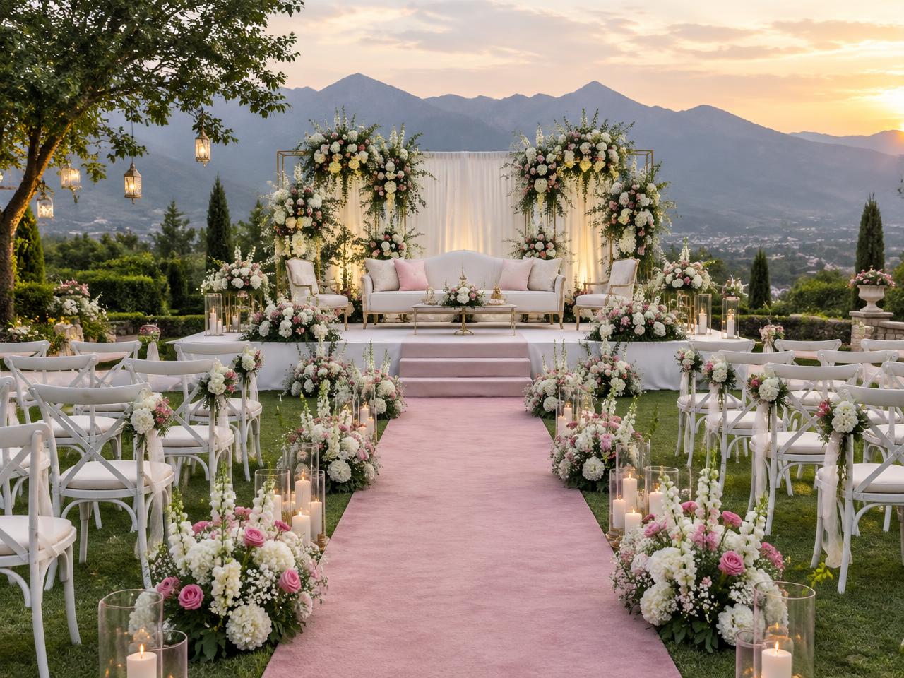 Outdoor nikkah stage with flowers, pink aisle and white chairs