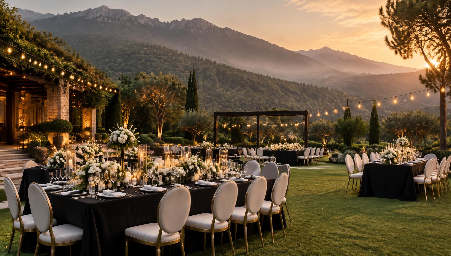 Mehman Mezban Village garden dining set beneath the hills at sunset