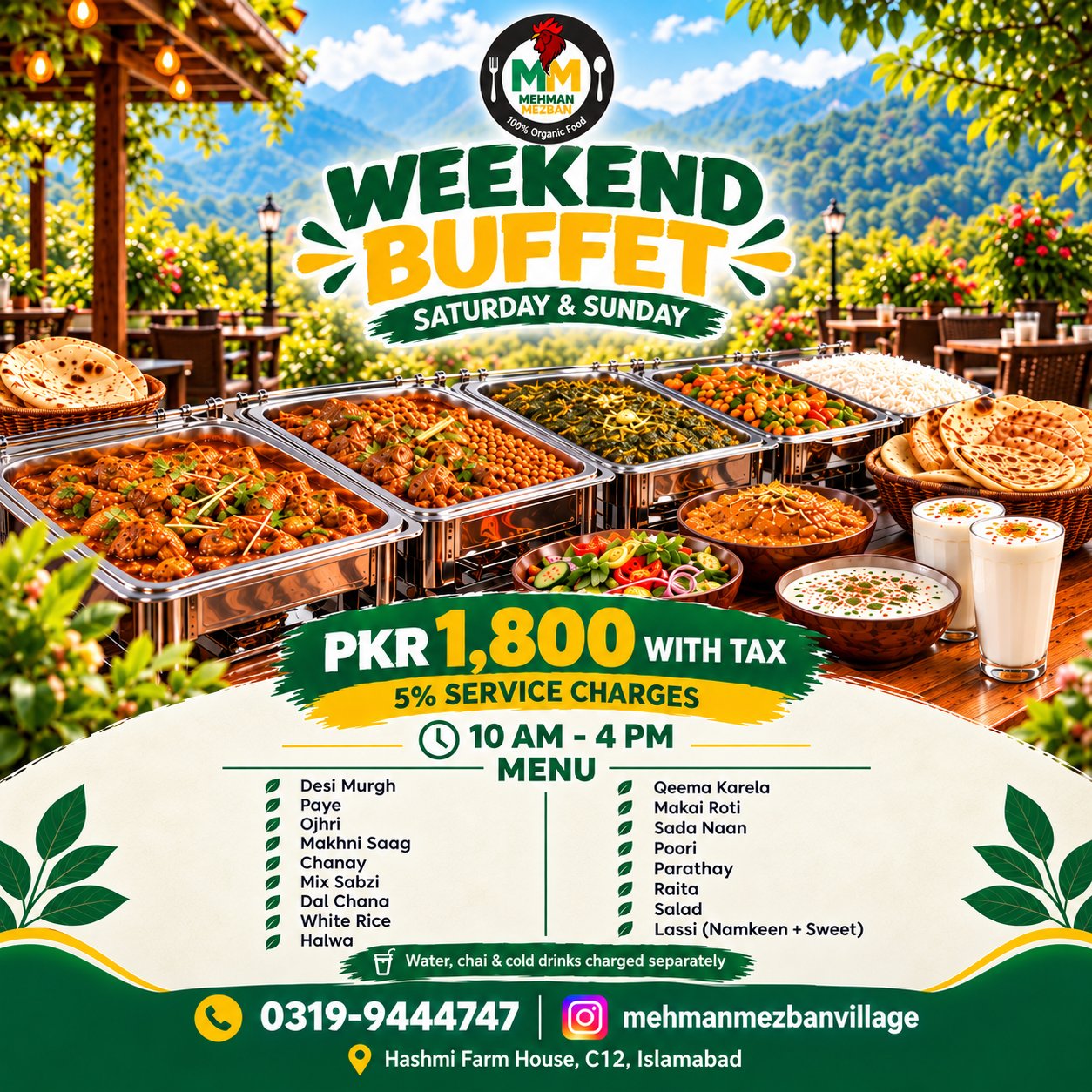 Weekend Buffet poster: PKR 1,800 with tax, Saturday & Sunday, 10:00 AM – 4:00 PM